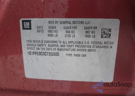 2012 Chevrolet Cruze 1Lt from USA, damaged, VIN 1G1PF5SC6C7352005